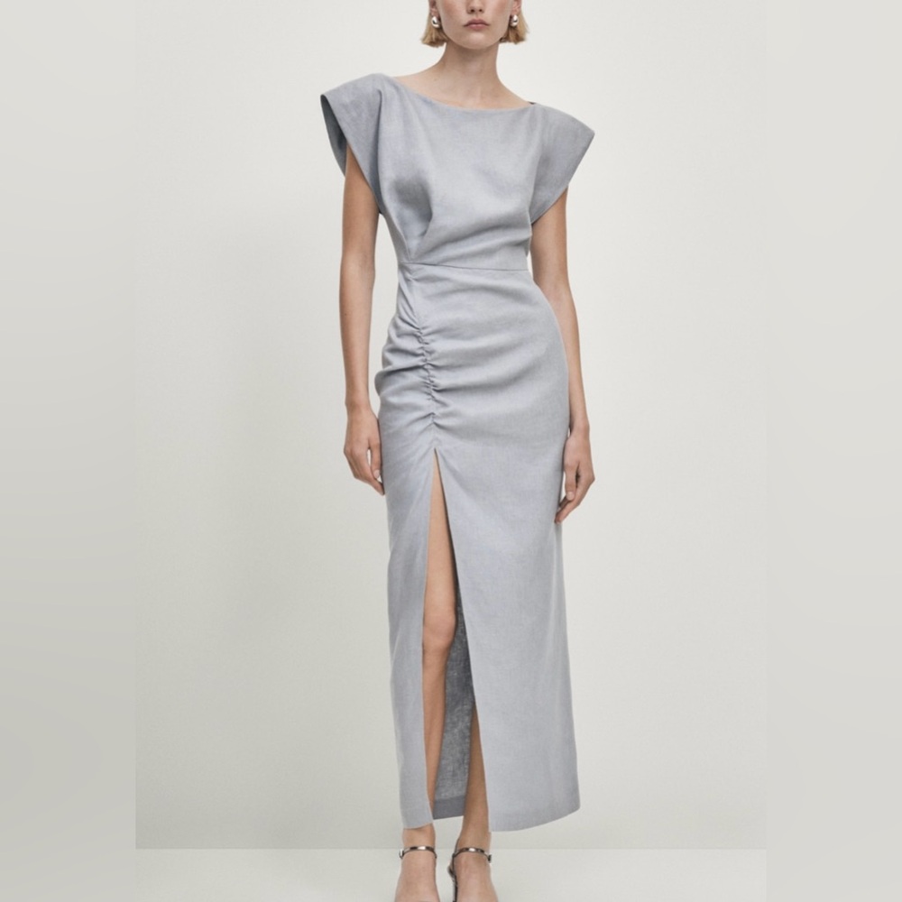 Massimo Dutti Asymmetric dress in linen fabric with gathered detailing